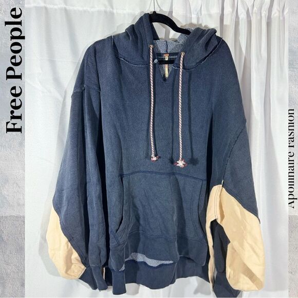 FREE PEOPLE JIMI HOODED SWEATSHIRT IN NAVY TAN COMBO LARGE NWT - Picture 4 of 6